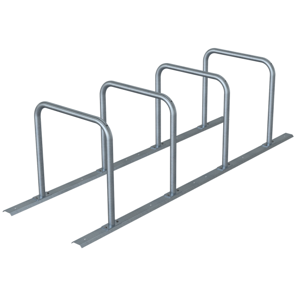 Bicycle rack - row arrangement | lean-on hoop made of steel tube  48 mm | hot-dip galvanized | for 4 bicycles